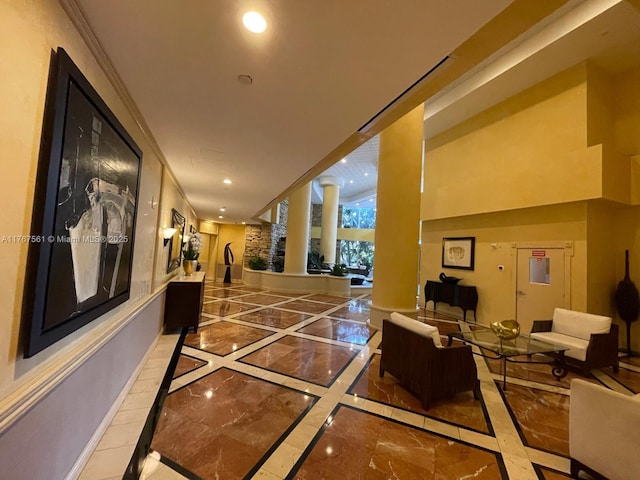 20281 E Country Club Dr Unit 810, Aventura, FL 33180 - hall with marble finish floor, crown molding, baseboards, and recessed lighting