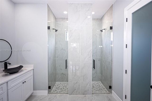 1254 S Ellipse St E, Lehigh Acres, FL 33974 - bathroom featuring vanity, baseboards, a shower stall, and recessed lighting