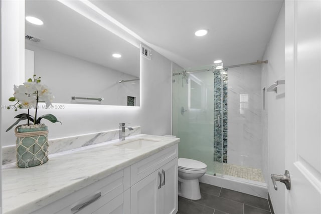 bathroom featuring tile patterned flooring, visible vents, toilet, a stall shower, and vanity