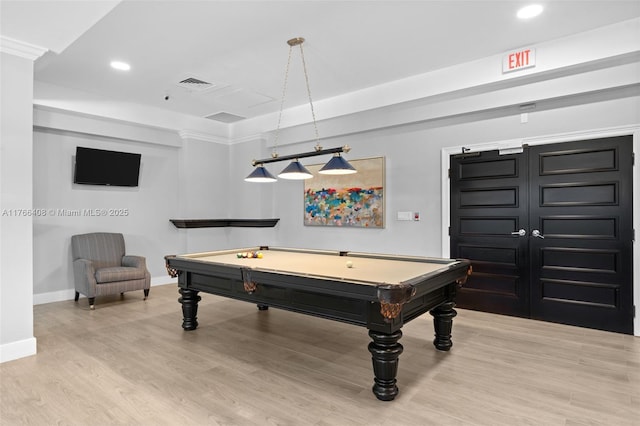 playroom with pool table, light wood-style floors, visible vents, and baseboards