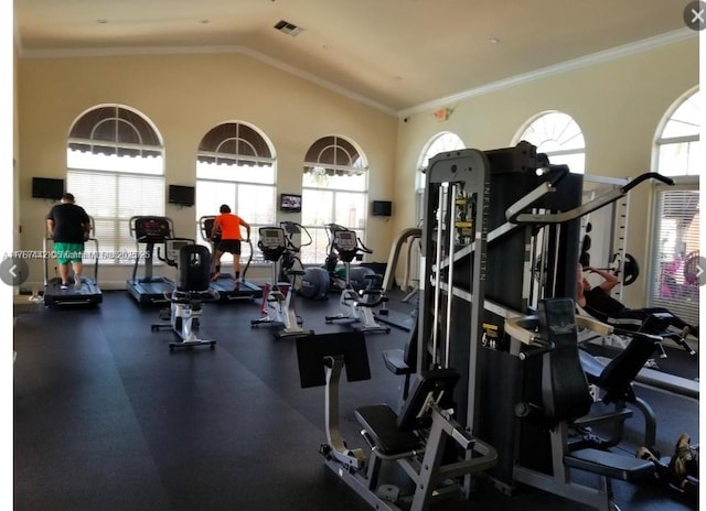 exercise room featuring visible vents, lofted ceiling, and crown molding