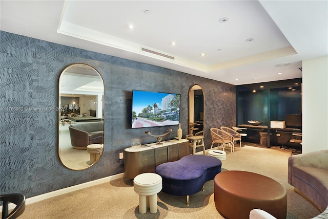 4391 Collins Ave Unit 1618, Miami Beach, FL 33140 - carpeted home theater featuring arched walkways, visible vents, a tray ceiling, and wallpapered walls