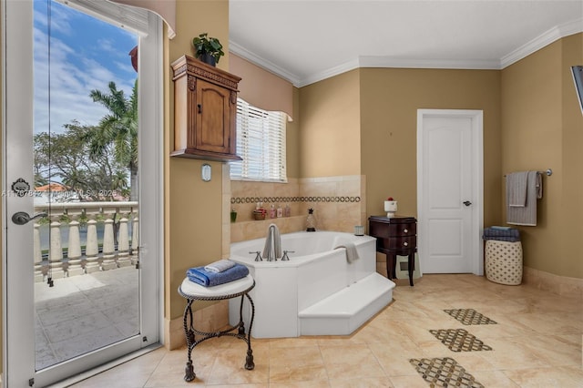 full bathroom featuring tile patterned flooring, crown molding, and a bath