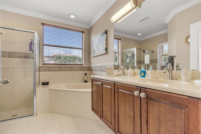 full bath featuring visible vents, a garden tub, ornamental molding, a stall shower, and a sink