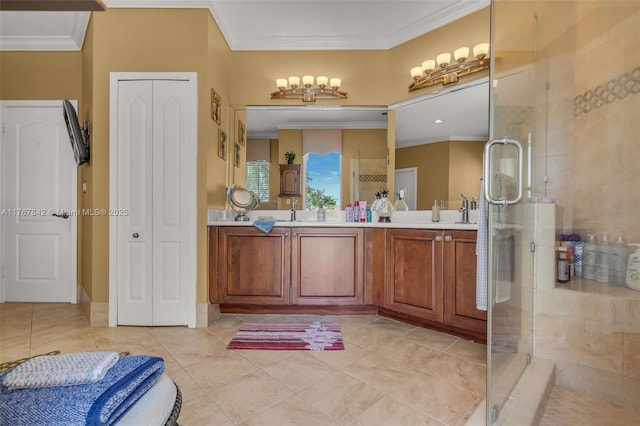 bathroom with a stall shower and crown molding