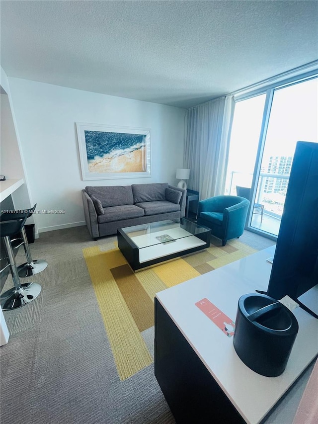 living room featuring carpet and a textured ceiling