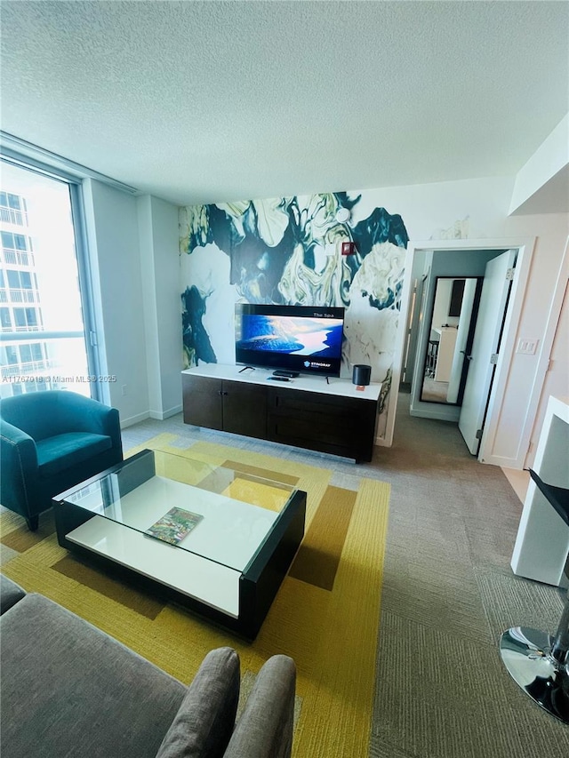 living area with carpet flooring and a textured ceiling