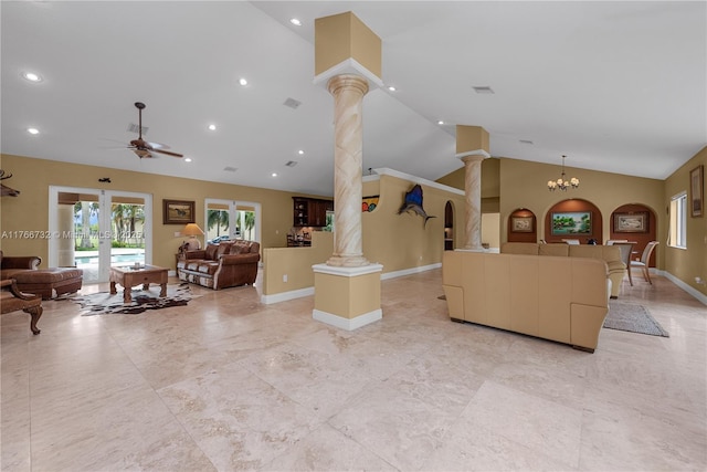 living room featuring baseboards, recessed lighting, ceiling fan with notable chandelier, high vaulted ceiling, and ornate columns