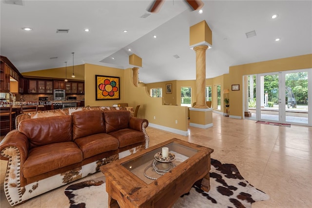 living room featuring recessed lighting, visible vents, ornate columns, and ceiling fan