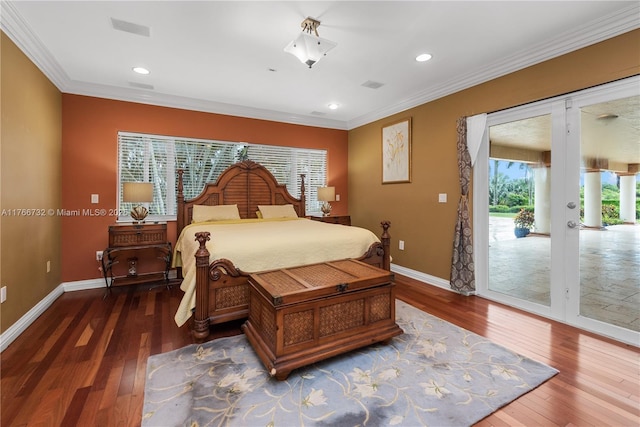 bedroom featuring access to exterior, french doors, crown molding, and wood-type flooring