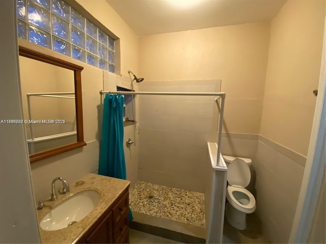 bathroom with vanity, toilet, and a stall shower