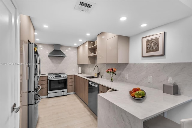 1904 S Ocean Dr Unit 801, Hallandale Beach, FL 33009 - kitchen featuring a sink, stainless steel appliances, modern cabinets, and wall chimney exhaust hood