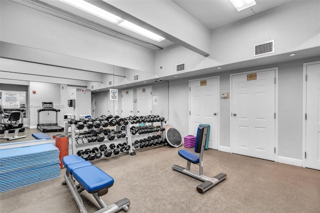 1904 S Ocean Dr Unit 801, Hallandale Beach, FL 33009 - gym with a high ceiling, carpet, visible vents, and baseboards