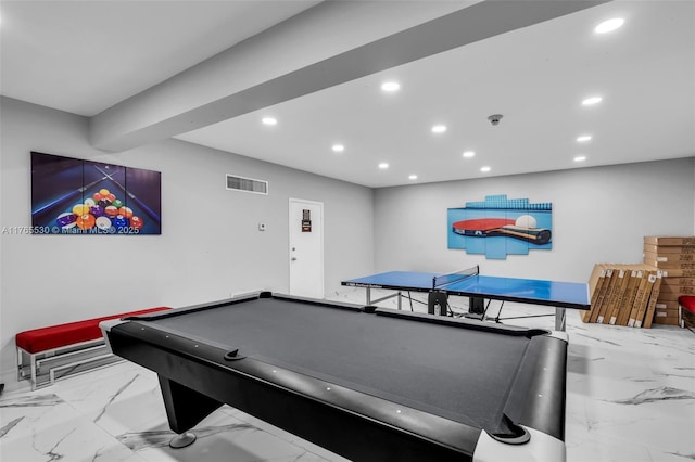 1904 S Ocean Dr Unit 801, Hallandale Beach, FL 33009 - playroom with pool table, recessed lighting, visible vents, and marble finish floor