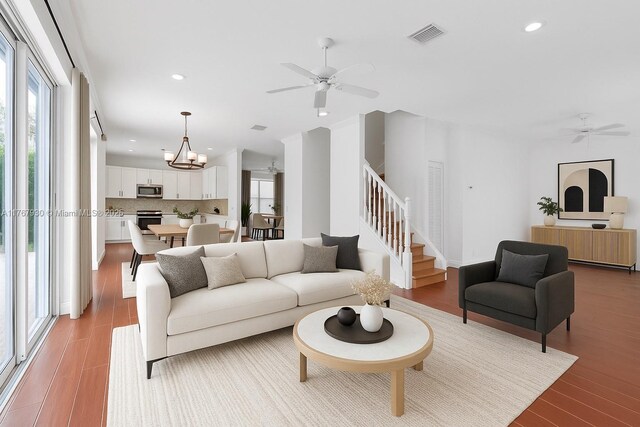 16831 SW 6th St, Pembroke Pines, FL 33027 - living room with a ceiling fan, plenty of natural light, recessed lighting, stairs, and light wood finished floors