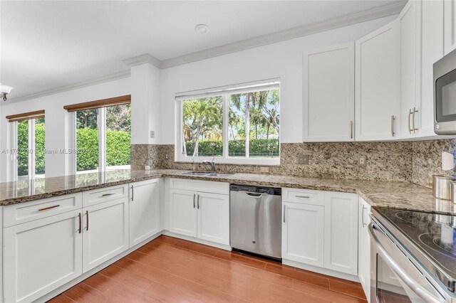 16831 SW 6th St, Pembroke Pines, FL 33027 - kitchen featuring appliances with stainless steel finishes, a sink, white cabinets, tasteful backsplash, and ornamental molding