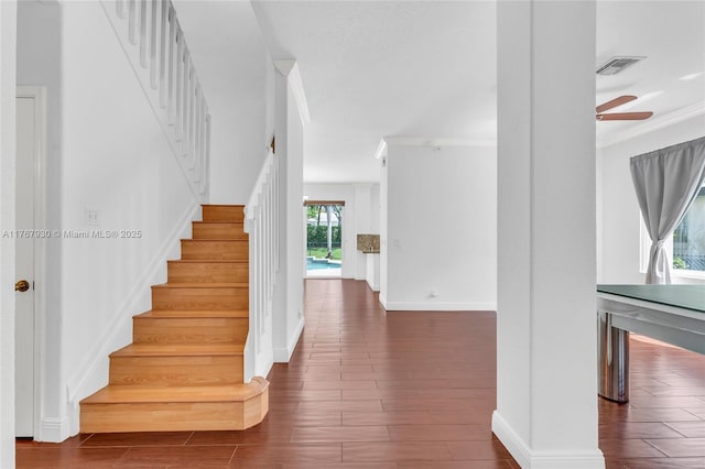 16831 SW 6th St, Pembroke Pines, FL 33027 - staircase with wood finished floors, crown molding, ceiling fan, and baseboards