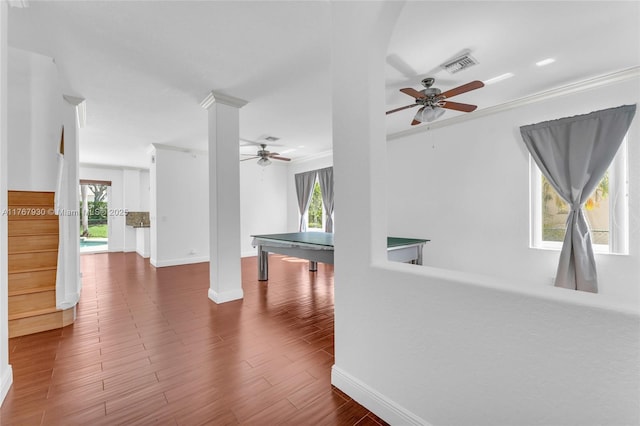 16831 SW 6th St, Pembroke Pines, FL 33027 - hallway with baseboards, wood finished floors, stairs, and ornamental molding