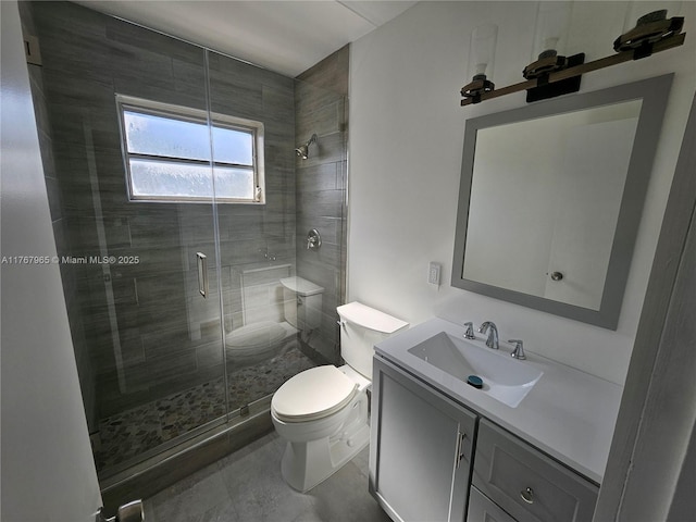 bathroom featuring vanity, toilet, and a stall shower