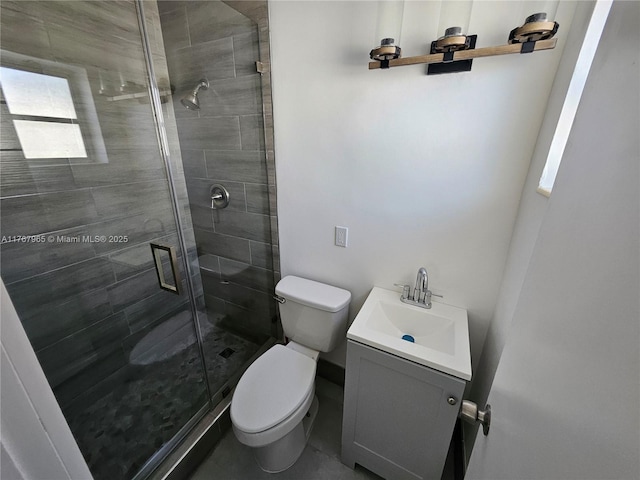 full bath featuring a shower stall, toilet, and vanity