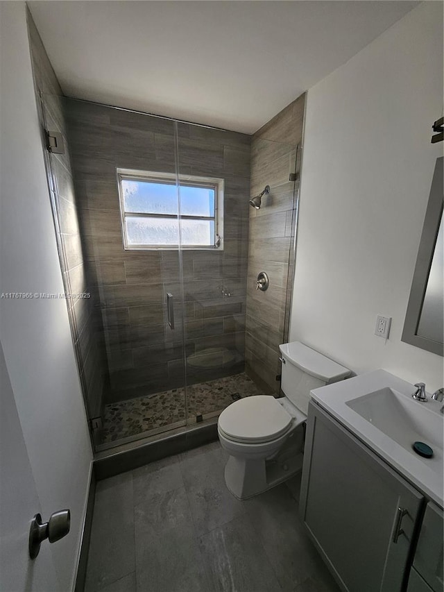 bathroom with a stall shower, toilet, and vanity