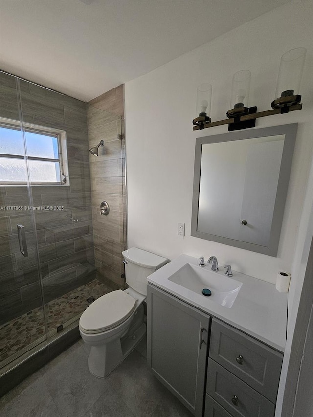bathroom featuring a shower stall, toilet, and vanity