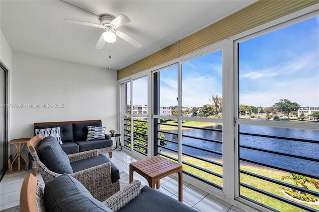4032 Farnham O Unit 4032, Deerfield Beach, FL 33442 - sunroom / solarium featuring a water view, ceiling fan, outdoor lounge area, and tile patterned floors