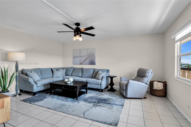 4032 Farnham O Unit 4032, Deerfield Beach, FL 33442 - living room with light tile patterned flooring, baseboards, and ceiling fan