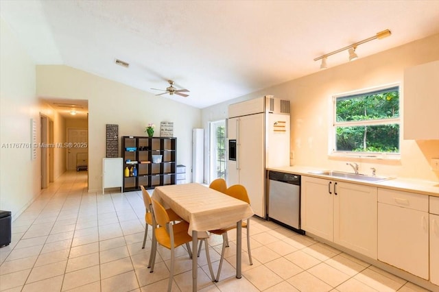 9055 SW 158th St, Palmetto Bay, FL 33157 - kitchen featuring visible vents, dishwasher, lofted ceiling, a sink, and light tile patterned floors