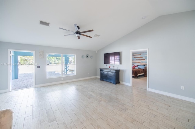 3705 NE 15th Ave, Cape Coral, FL 33909 - unfurnished living room with visible vents, lofted ceiling, light wood-style flooring, and a ceiling fan