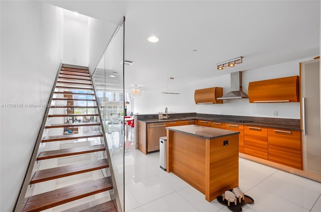 stairs featuring tile patterned floors and recessed lighting