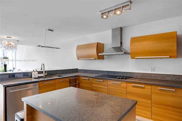 kitchen with modern cabinets, a sink, wall chimney exhaust hood, black electric cooktop, and dishwasher