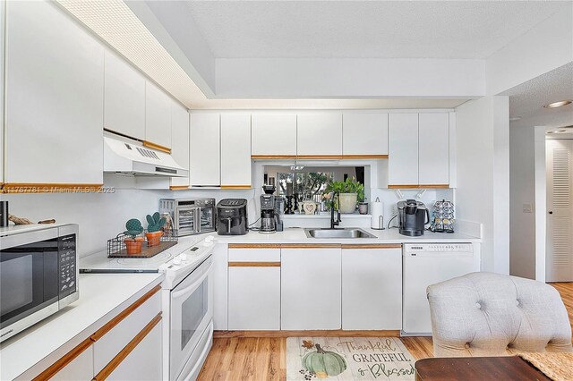 12901 SW 15th Ct Unit 208V, Pembroke Pines, FL 33027 - kitchen featuring under cabinet range hood, white appliances, a sink, light countertops, and light wood-type flooring