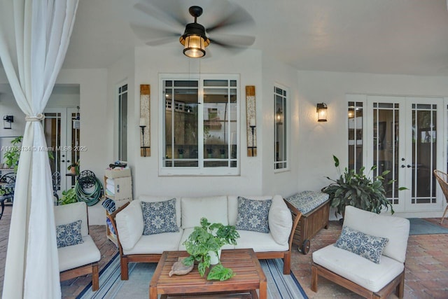 view of patio with a ceiling fan, french doors, and outdoor lounge area