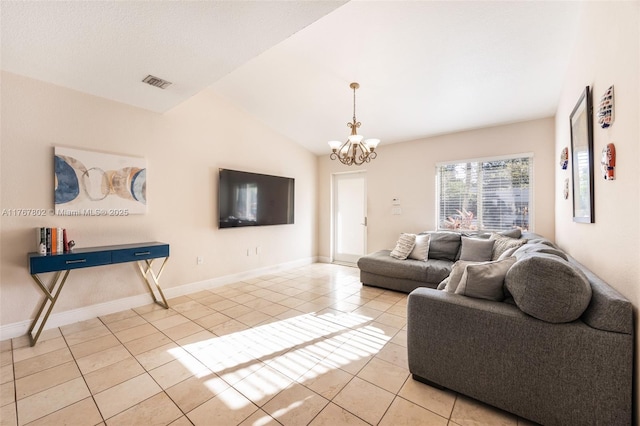 living area featuring baseboards, visible vents, an inviting chandelier, light tile patterned flooring, and vaulted ceiling
