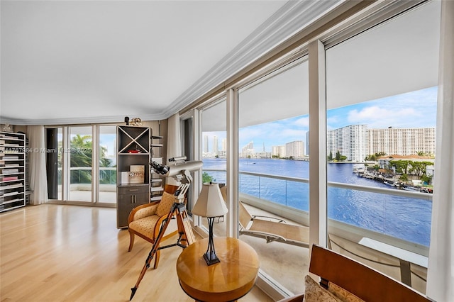sitting room with plenty of natural light, a view of city, crown molding, and wood finished floors