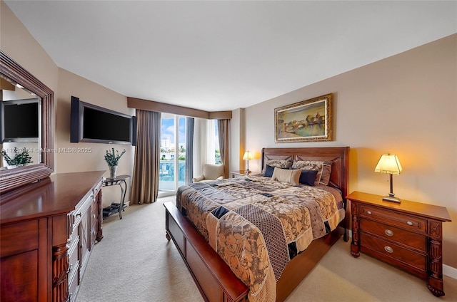 bedroom with light carpet