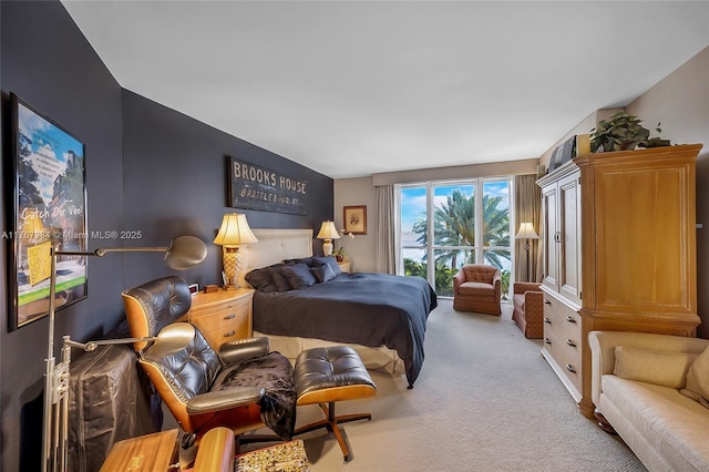 bedroom featuring light colored carpet