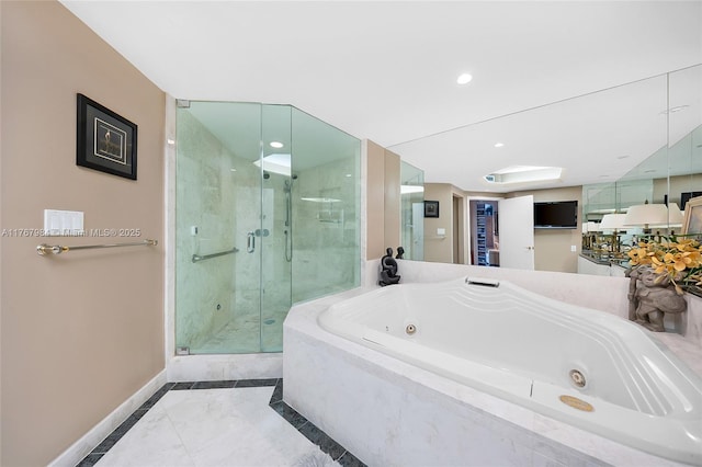 full bath with recessed lighting, a tub with jets, baseboards, and a stall shower