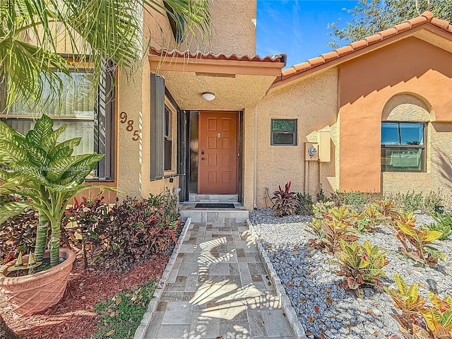 doorway to property featuring stucco siding and a tiled roof