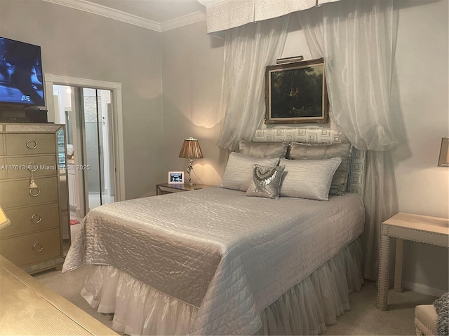carpeted bedroom featuring crown molding