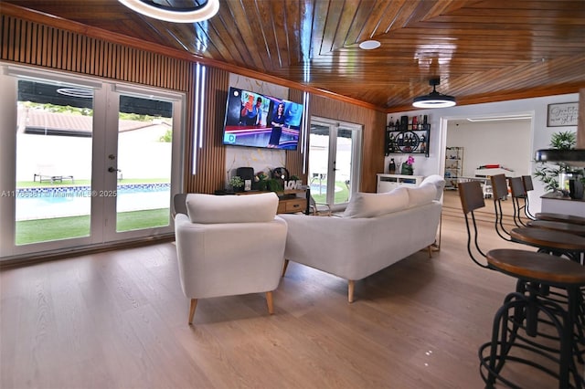 30 SW 136th Ave, Miami, FL 33184 - living room with french doors, wooden ceiling, wooden walls, and wood finished floors