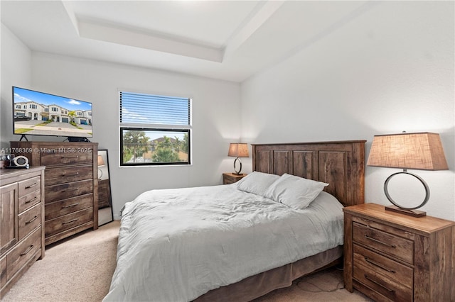 bedroom featuring light carpet and a raised ceiling