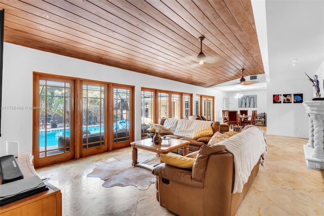 6400 Marlin Dr, Coral Gables, FL 33158 - living room featuring wood ceiling, french doors, lofted ceiling, a ceiling fan, and a fireplace