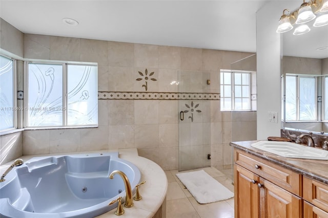 6400 Marlin Dr, Coral Gables, FL 33158 - full bath featuring a jetted tub, a tile shower, vanity, and tile patterned flooring