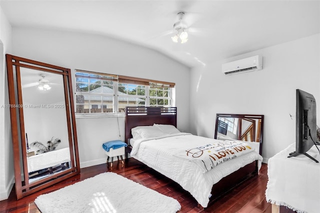 6400 Marlin Dr, Coral Gables, FL 33158 - bedroom featuring a wall mounted AC, lofted ceiling, wood finished floors, a ceiling fan, and baseboards