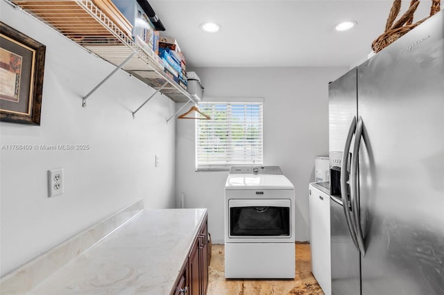 6400 Marlin Dr, Coral Gables, FL 33158 - laundry area with washing machine and dryer, cabinet space, and recessed lighting