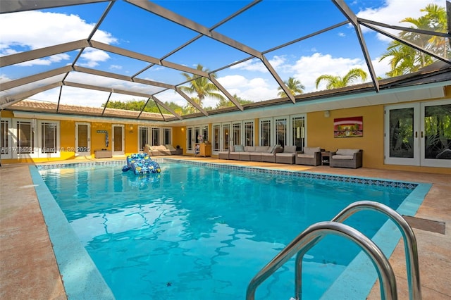 6400 Marlin Dr, Coral Gables, FL 33158 - outdoor pool with an outdoor living space, french doors, a patio area, and a lanai