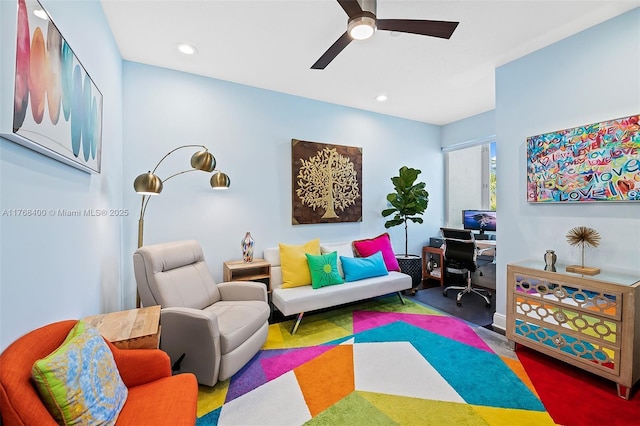 306 NE 8th Ave Unit 306, Fort Lauderdale, FL 33301 - living room with a ceiling fan, a desk, and recessed lighting