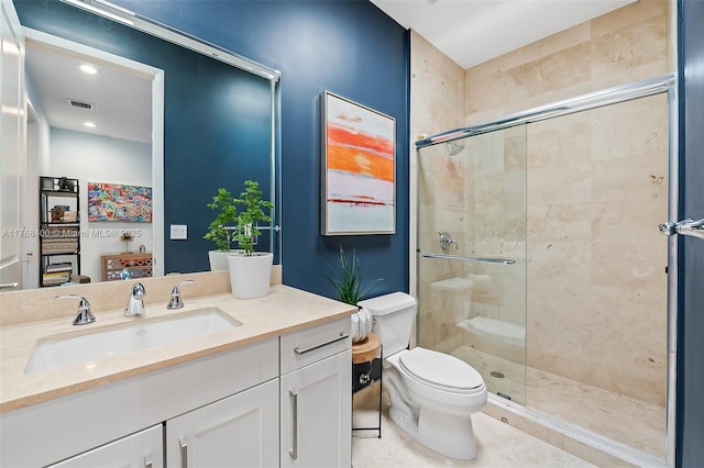 306 NE 8th Ave Unit 306, Fort Lauderdale, FL 33301 - bathroom featuring toilet, a shower stall, vanity, tile patterned floors, and recessed lighting